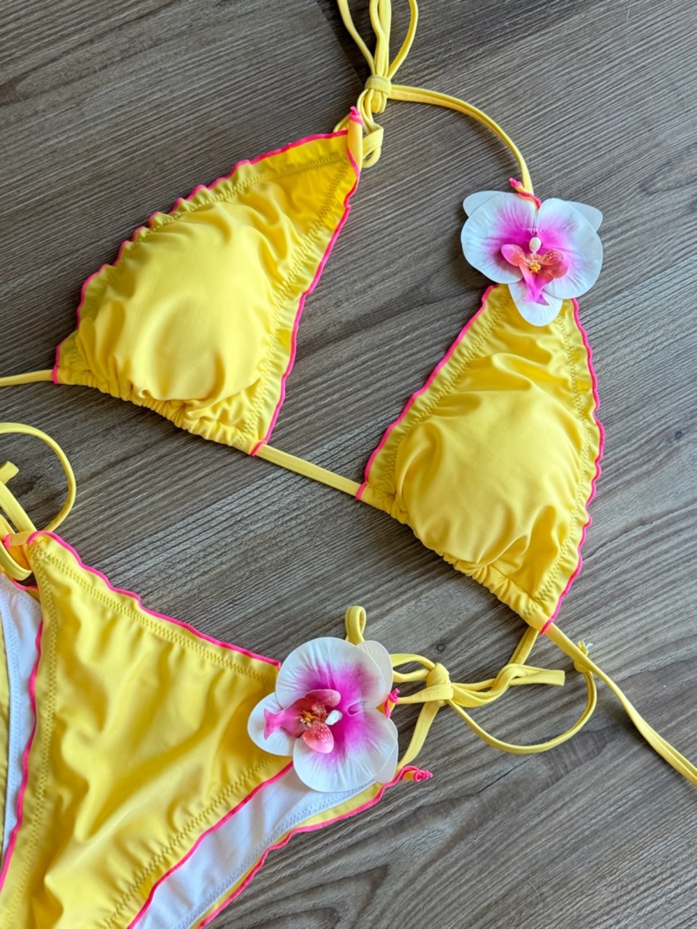 SHEIN Yellow & Pink Floral Trim Triangle Bikini - Picture 3 of 3